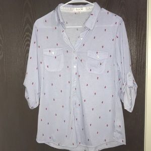 Blue striped blouse with design, button down.